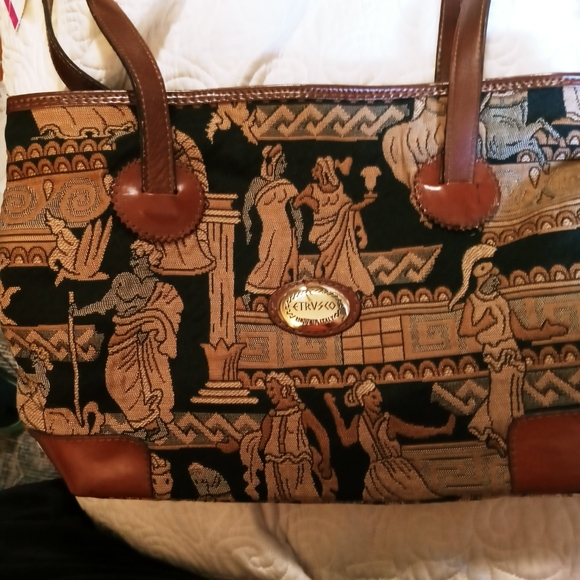 ETRUSCO VINTAGE ITALIAN MADE LEATHER & TAPESTRY SHOULDER BAG -TANS GRAYS BLACK - Picture 3 of 16